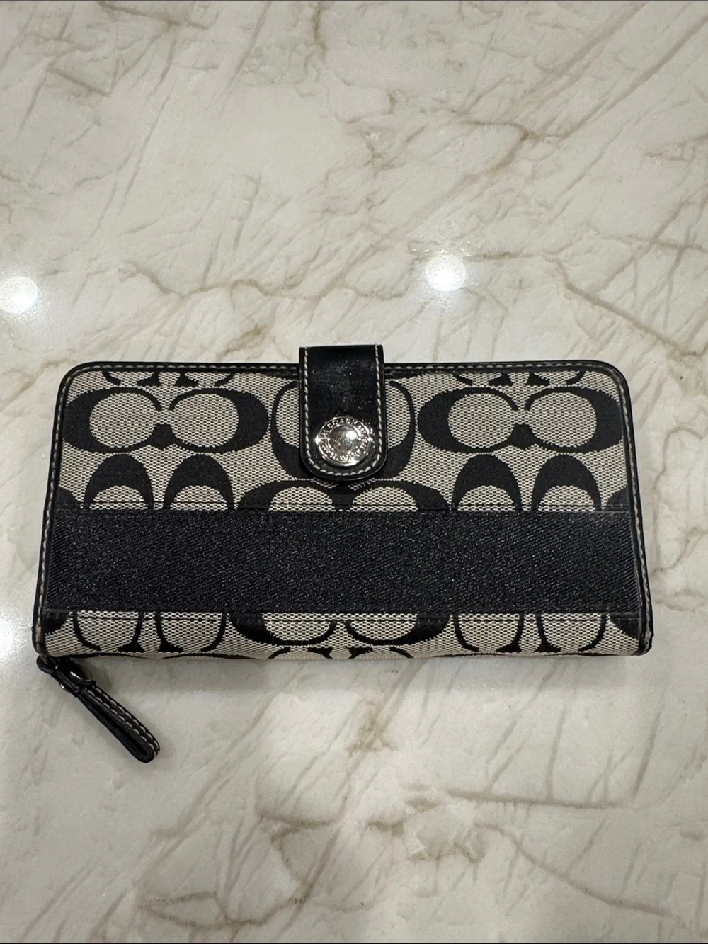 Coach Black and Cream Signature Continental Wallet with Snap Tab